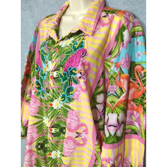 Antica Sartoria Flamingo Beaded Shirt Blouse 2X Cotton Button Up Boho Chic Beach - Picture 2 of 10
